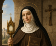 Retrato devocional de Santa Clara de Assis em estilo clássico, vestindo hábito marrom e véu preto com halo dourado, segurando um ostensório dourado na mão direita e um livro na esquerda. Ao fundo, há uma parede de pedra com um crucifixo e uma janela arqueada mostrando uma paisagem com igreja. Na parte inferior, aparecem lírios brancos, simbolizando pureza, e uma faixa com a inscrição “Santa Clara de Assis”