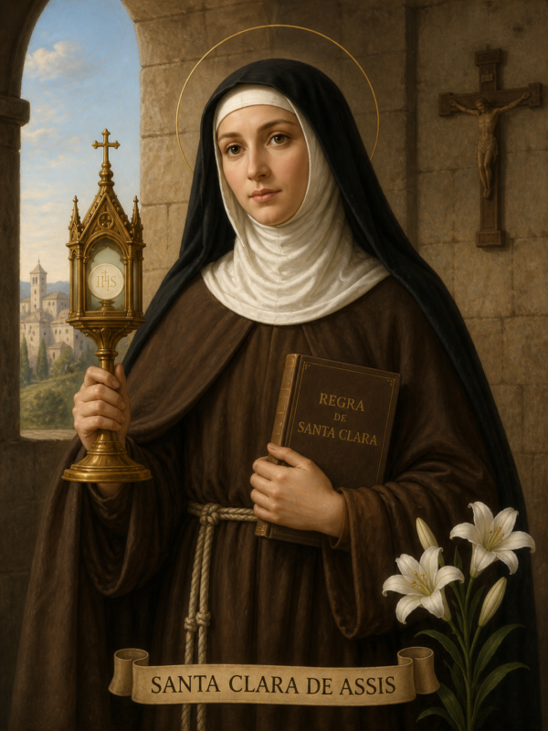 Retrato devocional de Santa Clara de Assis em estilo clássico, vestindo hábito marrom e véu preto com halo dourado, segurando um ostensório dourado na mão direita e um livro na esquerda. Ao fundo, há uma parede de pedra com um crucifixo e uma janela arqueada mostrando uma paisagem com igreja. Na parte inferior, aparecem lírios brancos, simbolizando pureza, e uma faixa com a inscrição “Santa Clara de Assis”