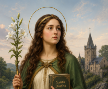 Ilustração religiosa de Santa Dinfna em estilo realista, retratada como uma jovem santa de cabelos castanhos ondulados, vestida com túnica clara e manto verde com detalhes dourados, segurando um lírio branco e um livro com seu nome. Ao fundo, há um rio tranquilo e uma igreja medieval sob um céu suave ao entardecer