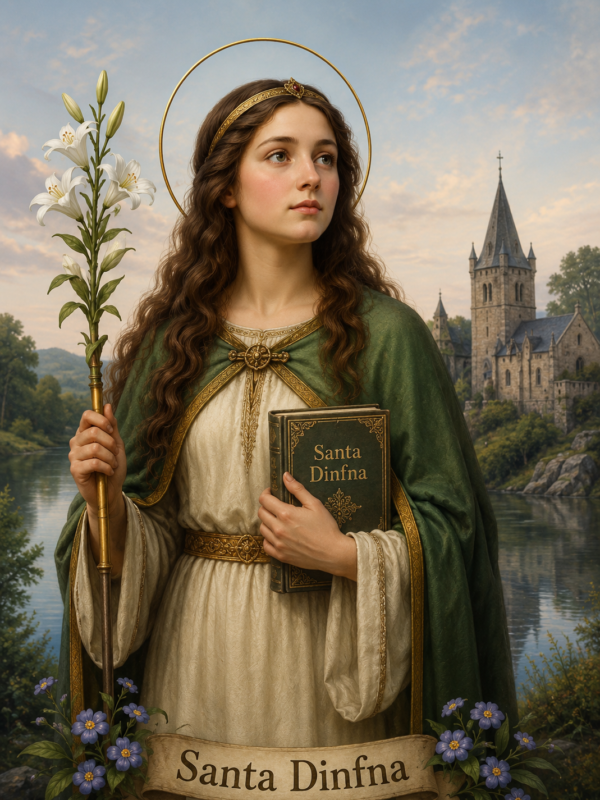 Ilustração religiosa de Santa Dinfna em estilo realista, retratada como uma jovem santa de cabelos castanhos ondulados, vestida com túnica clara e manto verde com detalhes dourados, segurando um lírio branco e um livro com seu nome. Ao fundo, há um rio tranquilo e uma igreja medieval sob um céu suave ao entardecer