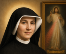 Retrato de Santa Faustina Kowalska vestindo hábito religioso preto com véu branco, expressão serena e olhar direto. Ao fundo, há um quadro de Jesus Misericordioso com raios de luz saindo de seu coração e a inscrição “Jesus, eu confio em Vós”, além de um livro e um rosário sobre uma mesa, em ambiente com iluminação suave e tons quentes