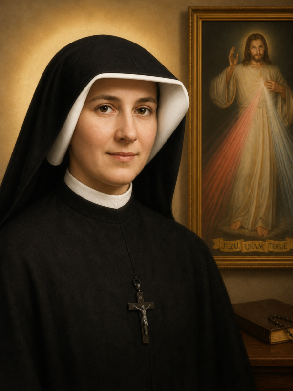 Retrato de Santa Faustina Kowalska vestindo hábito religioso preto com véu branco, expressão serena e olhar direto. Ao fundo, há um quadro de Jesus Misericordioso com raios de luz saindo de seu coração e a inscrição “Jesus, eu confio em Vós”, além de um livro e um rosário sobre uma mesa, em ambiente com iluminação suave e tons quentes