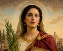 Retrato artístico de Santa Flávia Domitila com expressão serena, vestindo túnica branca com detalhes dourados e manto vermelho, segurando uma palma do martírio e um livro com seu nome. Ao fundo aparecem ruínas da Roma antiga sob um céu iluminado, enquanto um halo dourado destaca sua santidade