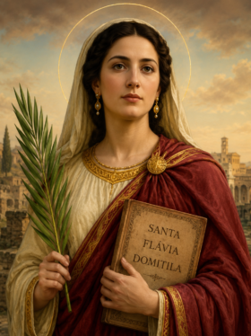 Retrato artístico de Santa Flávia Domitila com expressão serena, vestindo túnica branca com detalhes dourados e manto vermelho, segurando uma palma do martírio e um livro com seu nome. Ao fundo aparecem ruínas da Roma antiga sob um céu iluminado, enquanto um halo dourado destaca sua santidade