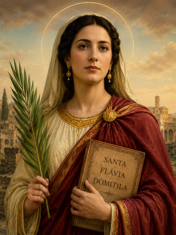 Retrato artístico de Santa Flávia Domitila com expressão serena, vestindo túnica branca com detalhes dourados e manto vermelho, segurando uma palma do martírio e um livro com seu nome. Ao fundo aparecem ruínas da Roma antiga sob um céu iluminado, enquanto um halo dourado destaca sua santidade