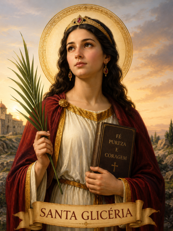 Ilustração devocional de Santa Glicéria com expressão serena e olhar voltado para o céu, usando túnica branca e manto vermelho com detalhes dourados. A santa segura uma palma do martírio em uma das mãos e um livro com a inscrição “Fé, Pureza e Coragem” na outra. Ao fundo, há uma paisagem com igreja antiga e céu iluminado pelo pôr do sol. A imagem possui auréola dourada atrás da cabeça e uma faixa na parte inferior com o nome “Santa Glicéria”
