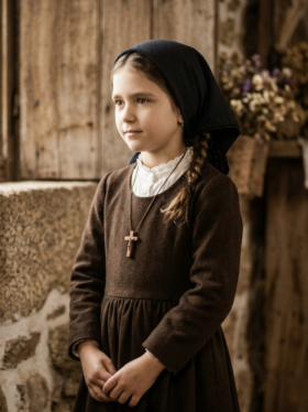 Retrato artístico e realista de uma menina inspirada em Santa Jacinta Marto, com aparência de cerca de 7 a 9 anos de idade. Ela veste roupas camponesas humildes do início do século XX, incluindo um vestido escuro de mangas compridas, um lenço azul-marinho cobrindo a cabeça e um crucifixo de madeira pendurado no pescoço. A menina está de pé, com as mãos unidas à frente do corpo, em uma postura serena e contemplativa. O cenário ao fundo remete a uma casa rústica de pedra e madeira, com iluminação suave vinda de uma janela lateral. A estética da imagem possui tons terrosos e uma textura que lembra fotografias antigas e históricas