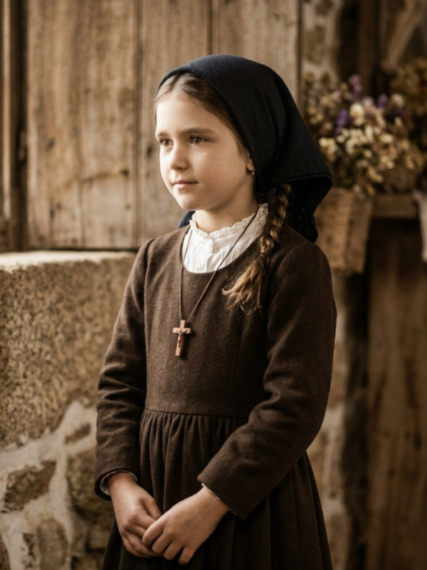 Retrato artístico e realista de uma menina inspirada em Santa Jacinta Marto, com aparência de cerca de 7 a 9 anos de idade. Ela veste roupas camponesas humildes do início do século XX, incluindo um vestido escuro de mangas compridas, um lenço azul-marinho cobrindo a cabeça e um crucifixo de madeira pendurado no pescoço. A menina está de pé, com as mãos unidas à frente do corpo, em uma postura serena e contemplativa. O cenário ao fundo remete a uma casa rústica de pedra e madeira, com iluminação suave vinda de uma janela lateral. A estética da imagem possui tons terrosos e uma textura que lembra fotografias antigas e históricas