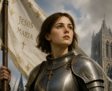 Uma jovem representando Joana d'Arc em armadura medieval reluzente, segurando um estandarte com a inscrição “Jesus Maria”, olhando com expressão firme e determinada para o horizonte; ao fundo, soldados e uma catedral gótica compõem um cenário de batalha sob céu nublado