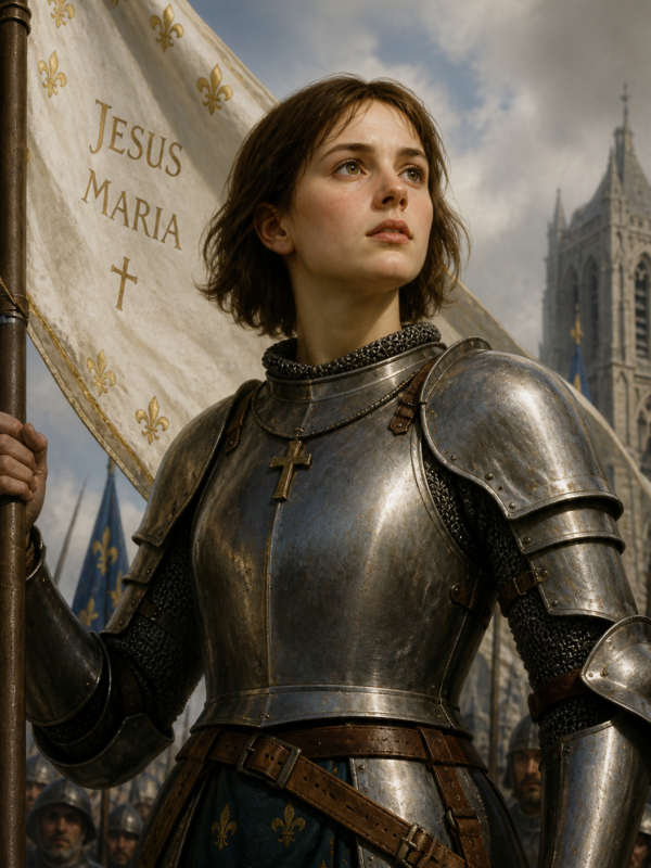 Uma jovem representando Joana d'Arc em armadura medieval reluzente, segurando um estandarte com a inscrição “Jesus Maria”, olhando com expressão firme e determinada para o horizonte; ao fundo, soldados e uma catedral gótica compõem um cenário de batalha sob céu nublado