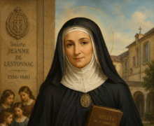 Ilustração religiosa clássica de Santa Joana de Lestonnac vestida com hábito preto e véu branco, segurando um livro e uma pena, com halo dourado ao redor da cabeça e crianças estudando ao fundo em um convento histórico