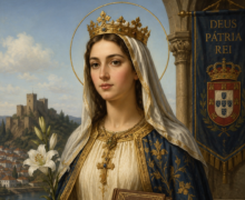 Ilustração sacra de Santa Joana de Portugal em estilo clássico e realista, retratada como uma jovem princesa portuguesa com expressão serena, usando coroa dourada, véu branco e vestes nobres em tons de azul e dourado. A santa segura lírios brancos em uma das mãos e um livro com a inscrição “Santa Joana de Portugal” na outra. Ao fundo aparecem um castelo medieval, uma paisagem portuguesa e um estandarte com símbolos do reino de Portugal. Um halo dourado envolve sua cabeça, simbolizando sua santidade