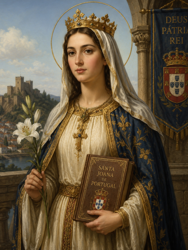 Ilustração sacra de Santa Joana de Portugal em estilo clássico e realista, retratada como uma jovem princesa portuguesa com expressão serena, usando coroa dourada, véu branco e vestes nobres em tons de azul e dourado. A santa segura lírios brancos em uma das mãos e um livro com a inscrição “Santa Joana de Portugal” na outra. Ao fundo aparecem um castelo medieval, uma paisagem portuguesa e um estandarte com símbolos do reino de Portugal. Um halo dourado envolve sua cabeça, simbolizando sua santidade