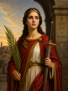 Imagem devocional de Santa Júlia de Nicomédia retratada como uma jovem santa cristã com auréola dourada, vestida com túnica branca e manto vermelho com detalhes dourados. Ela segura uma palma do martírio em uma mão e uma espada na outra, diante de uma antiga construção de pedra, com uma cidade ao fundo ao pôr do sol. Ao lado, há uma inscrição com o nome “Santa Júlia de Nicomédia”
