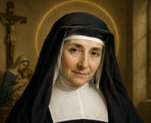 Retrato artístico de Santa Luísa de Marillac vestindo hábito religioso preto e branco, segurando um livro intitulado “Regras da Caridade”. A santa aparece com expressão serena e iluminada por um halo dourado, em um ambiente religioso com crucifixo e imagem da Virgem Maria ao fundo, transmitindo paz, fé e dedicação aos pobres e enfermos