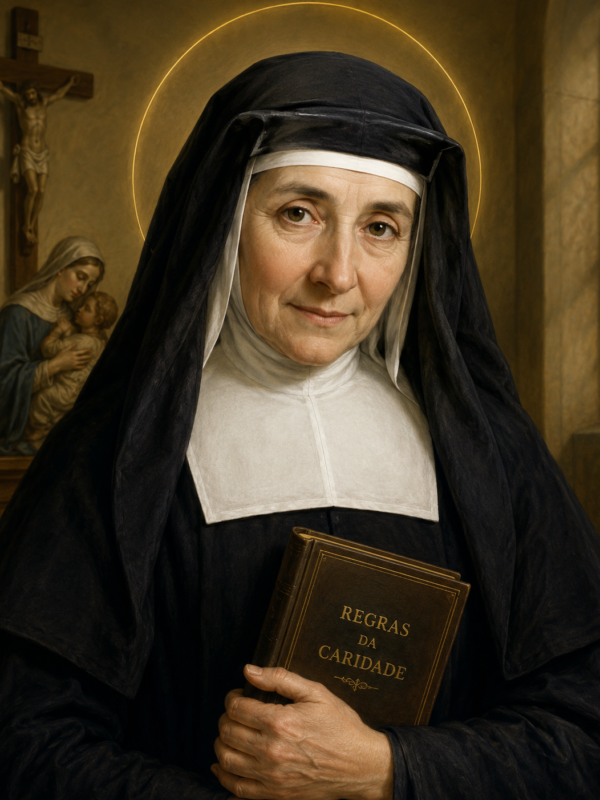 Retrato artístico de Santa Luísa de Marillac vestindo hábito religioso preto e branco, segurando um livro intitulado “Regras da Caridade”. A santa aparece com expressão serena e iluminada por um halo dourado, em um ambiente religioso com crucifixo e imagem da Virgem Maria ao fundo, transmitindo paz, fé e dedicação aos pobres e enfermos