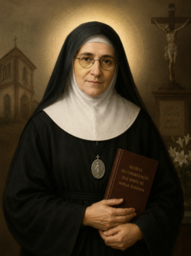 Imagem devocional de Santa Maria Bernarda retratada como uma freira idosa de expressão serena, usando hábito religioso preto e branco, segurando um livro com regras da congregação. Ao fundo aparecem um crucifixo, uma igreja e flores brancas, iluminados por uma suave luz dourada que transmite paz, fé e santidade
