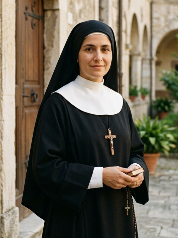 Retrato fotográfico de Santa Maria Domingas Mazzarello representada como uma jovem freira salesiana. Ela sorri suavemente, vestindo um hábito religioso preto tradicional com um colarinho branco (clergyman) e um véu preto. No peito, carrega um crucifixo de madeira simples pendurado por um cordão preto. Ela segura um pequeno livro de orações marrom e um terço entre as mãos. O cenário ao fundo é um pátio interno de um mosteiro de pedra rústica com arcos e janelas antigas, sob iluminação natural diurna