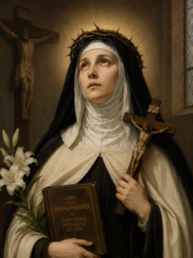 Retrato artístico de Santa Maria Madalena de Pazzi em estilo clássico, vestida com hábito carmelita preto e branco, segurando um crucifixo e um livro religioso, com expressão contemplativa, auréola luminosa e lírios brancos ao lado, em ambiente de capela com iluminação suave.