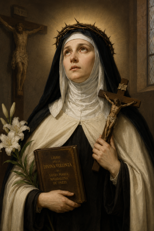 Retrato artístico de Santa Maria Madalena de Pazzi em estilo clássico, vestida com hábito carmelita preto e branco, segurando um crucifixo e um livro religioso, com expressão contemplativa, auréola luminosa e lírios brancos ao lado, em ambiente de capela com iluminação suave.
