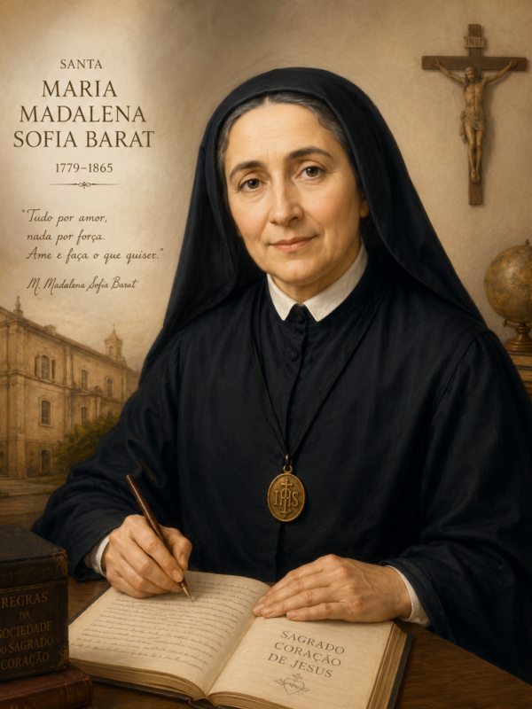 Retrato artístico de Santa Maria Madalena Sofia Barat vestida com hábito religioso negro, sentada à mesa escrevendo em um livro, com crucifixo ao fundo e elementos religiosos em estilo clássico e iluminado.