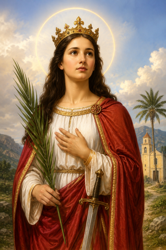 Retrato artístico de Santa Quitéria com halo dourado, vestes brancas e manto vermelho, segurando uma palma de martírio e uma espada, diante de uma pequena igreja em paisagem montanhosa sob céu iluminado