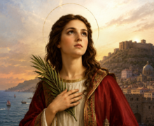 Imagem artística de Santa Restituta com auréola dourada, vestes vermelhas e brancas ornamentadas, segurando uma palma do martírio e uma pequena fortaleza, diante de uma paisagem costeira ao pôr do sol com cidade antiga e castelo ao fundo
