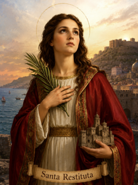 Imagem artística de Santa Restituta com auréola dourada, vestes vermelhas e brancas ornamentadas, segurando uma palma do martírio e uma pequena fortaleza, diante de uma paisagem costeira ao pôr do sol com cidade antiga e castelo ao fundo