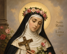 Imagem de Santa Rosa de Lima em estilo de pintura religiosa clássica, vestindo hábito preto e branco, segurando um crucifixo e rosas cor-de-rosa. A santa aparece com expressão serena, auréola dourada ao fundo e uma coroa de flores sobre a cabeça, cercada por rosas em um ambiente suave e iluminado.