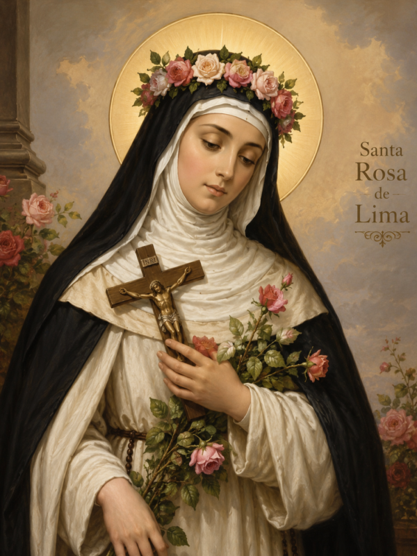 Imagem de Santa Rosa de Lima em estilo de pintura religiosa clássica, vestindo hábito preto e branco, segurando um crucifixo e rosas cor-de-rosa. A santa aparece com expressão serena, auréola dourada ao fundo e uma coroa de flores sobre a cabeça, cercada por rosas em um ambiente suave e iluminado.