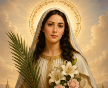 Ilustração religiosa de Santa Solange com véu branco e auréola dourada, segurando um ramo de palmeira e um buquê de lírios e rosas, diante de um céu iluminado e uma pequena igreja ao fundo. A imagem traz a inscrição “Santa Solange – Virgem e Mártir, exemplo de pureza, fé e coragem”