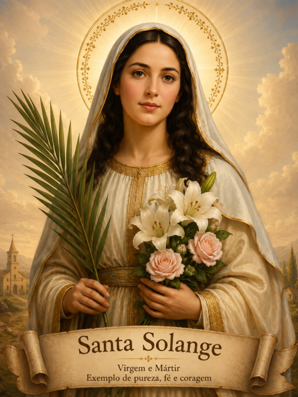 Ilustração religiosa de Santa Solange com véu branco e auréola dourada, segurando um ramo de palmeira e um buquê de lírios e rosas, diante de um céu iluminado e uma pequena igreja ao fundo. A imagem traz a inscrição “Santa Solange – Virgem e Mártir, exemplo de pureza, fé e coragem”