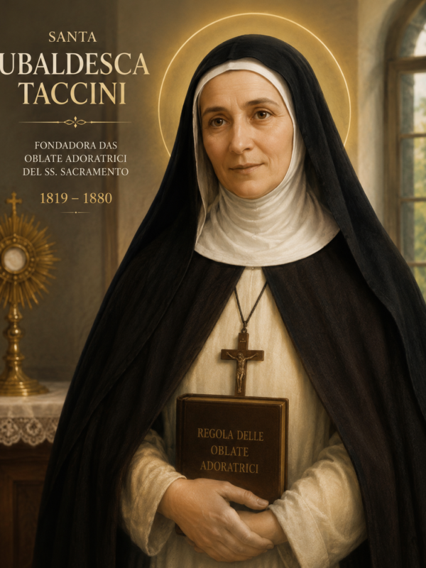 Retrato religioso de Santa Ubaldesca Taccini em estilo clássico e realista, vestindo hábito preto e branco de freira, segurando um livro religioso junto ao peito e usando crucifixo no pescoço. A santa aparece com halo dourado ao redor da cabeça, em ambiente interno iluminado suavemente por uma janela, com ostensório dourado ao fundo e atmosfera espiritual e serena