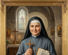 Pintura digital de Santa Úrsula Ledochowska representada como santa católica, inserida numa moldura dourada ornamentada de estilo clássico. A santa é retratada de meio corpo, com um semblante sereno e um sorriso terno. Veste o hábito religioso cinzento-azulado da sua congregação, com um véu preto sobre uma touca branca que emoldura o seu rosto, e traz à cintura um cordão branco. À volta da sua cabeça sobressai uma auréola dourada circular com detalhes pontilhados e radiantes. Na mão direita, segura junto ao peito um crucifixo de madeira e metal. Com o braço esquerdo, ampara um livro aberto, cuja capa branca exibe o título em polaco "KONSTYTUCJE ZGROMADZENIA" acima de uma pequena cruz preta. No pescoço, traz uma corrente com uma cruz peitoral metálica e, pendurado no seu hábito, um terço de contas de madeira escura que termina num crucifixo. O fundo recria o interior de uma capela ou igreja antiga em tons de pedra cinzenta. Ao fundo, do lado esquerdo, vê-se um altar com uma grande cruz entalhada, velas acesas e, mais atrás, um vitral arqueado iluminado que sugere a figura de Nossa Senhora. Do lado direito, na parede de pedra, encontram-se pequenos quadros com ícones religiosos.