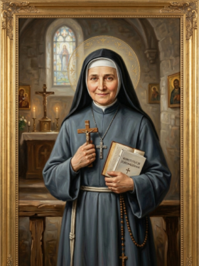 Pintura digital de Santa Úrsula Ledochowska representada como santa católica, inserida numa moldura dourada ornamentada de estilo clássico. A santa é retratada de meio corpo, com um semblante sereno e um sorriso terno. Veste o hábito religioso cinzento-azulado da sua congregação, com um véu preto sobre uma touca branca que emoldura o seu rosto, e traz à cintura um cordão branco. À volta da sua cabeça sobressai uma auréola dourada circular com detalhes pontilhados e radiantes. Na mão direita, segura junto ao peito um crucifixo de madeira e metal. Com o braço esquerdo, ampara um livro aberto, cuja capa branca exibe o título em polaco "KONSTYTUCJE ZGROMADZENIA" acima de uma pequena cruz preta. No pescoço, traz uma corrente com uma cruz peitoral metálica e, pendurado no seu hábito, um terço de contas de madeira escura que termina num crucifixo. O fundo recria o interior de uma capela ou igreja antiga em tons de pedra cinzenta. Ao fundo, do lado esquerdo, vê-se um altar com uma grande cruz entalhada, velas acesas e, mais atrás, um vitral arqueado iluminado que sugere a figura de Nossa Senhora. Do lado direito, na parede de pedra, encontram-se pequenos quadros com ícones religiosos.