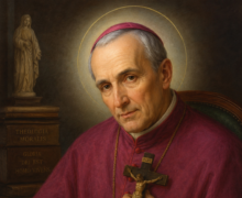 Retrato clássico de Santo Afonso de Ligório, representado como um bispo idoso com expressão serena e contemplativa. Ele veste paramentos episcopais em tons de vermelho e segura um crucifixo junto ao peito, simbolizando sua profunda devoção. Sentado à mesa, escreve em um livro aberto, sugerindo sua dedicação à teologia e à moral cristã. Ao fundo, há livros antigos - incluindo uma obra intitulada "Theologia Moralis" - e uma estátua religiosa, enquanto um suave halo ilumina sua cabeça, destacando sua santidade em uma atmosfera acolhedora e espiritual