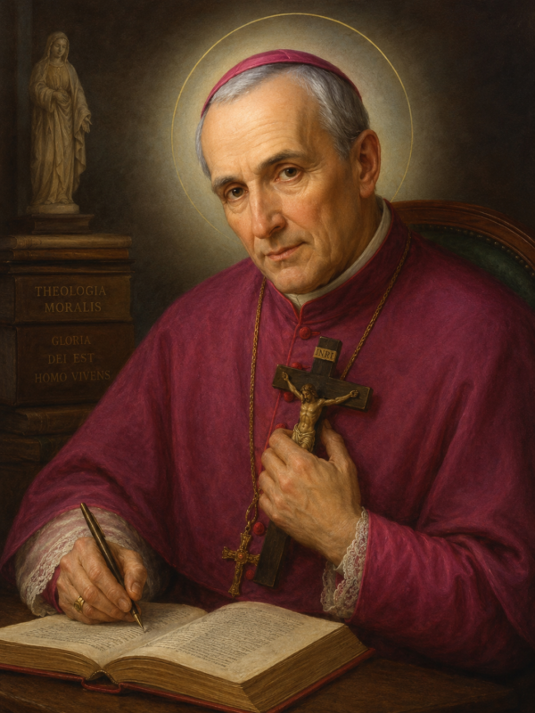 Retrato clássico de Santo Afonso de Ligório, representado como um bispo idoso com expressão serena e contemplativa. Ele veste paramentos episcopais em tons de vermelho e segura um crucifixo junto ao peito, simbolizando sua profunda devoção. Sentado à mesa, escreve em um livro aberto, sugerindo sua dedicação à teologia e à moral cristã. Ao fundo, há livros antigos - incluindo uma obra intitulada "Theologia Moralis" - e uma estátua religiosa, enquanto um suave halo ilumina sua cabeça, destacando sua santidade em uma atmosfera acolhedora e espiritual