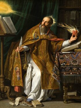 Santo Agostinho vestindo trajes episcopais, segurando um coração em chamas e um livro, com uma pena de escrita na mão