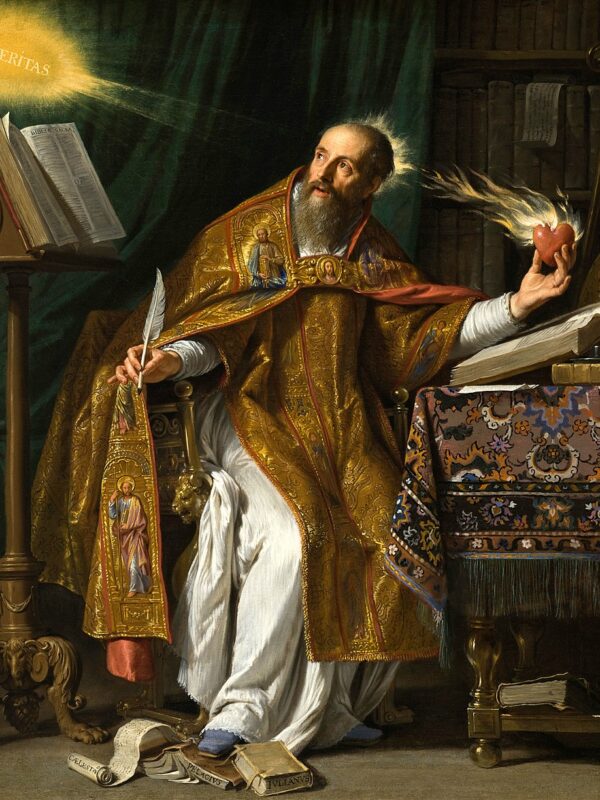 Santo Agostinho vestindo trajes episcopais, segurando um coração em chamas e um livro, com uma pena de escrita na mão