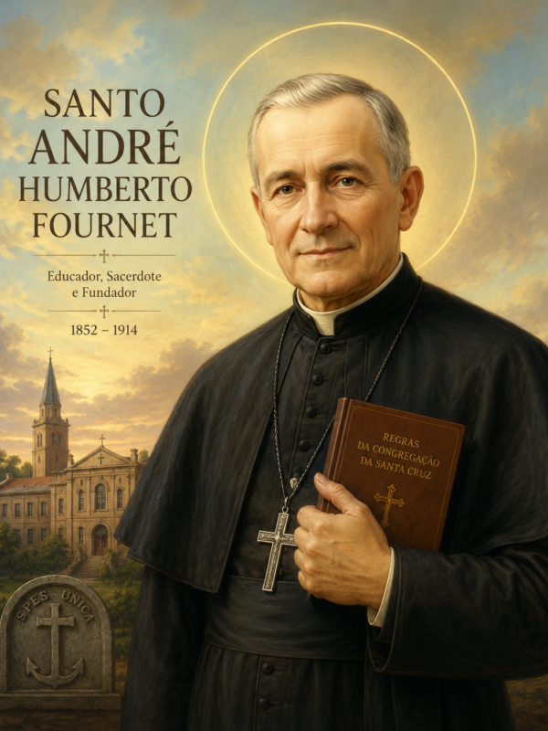 Ilustração religiosa de Santo André Humberto Fournet em estilo clássico, retratado como um sacerdote idoso com expressão serena e halo luminoso ao redor da cabeça. Ele veste batina preta e segura um livro religioso junto ao peito, tendo ao fundo uma igreja em tons dourados sob céu iluminado. A composição transmite santidade, sabedoria e devoção cristã
