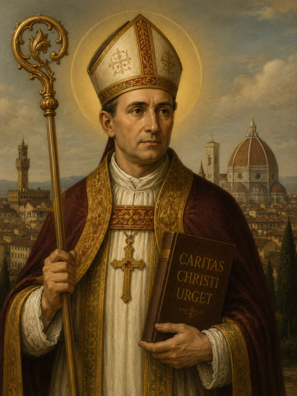 Imagem artística de Santo Antonino de Florença em estilo clássico religioso, retratado como bispo com vestes litúrgicas vermelhas e douradas, segurando um báculo ornamentado e um livro com a inscrição “Caritas Christi Urget”. Ao fundo, aparece a cidade de Florença com a Catedral de Santa Maria del Fiore e a Torre do Palazzo Vecchio sob um céu iluminado, transmitindo um clima solene e sagrado