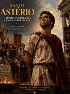 Ilustração dramática de Santo Astério em estilo cinematográfico, retratado como mártir cristão na Roma antiga, com vestes manchadas de sangue, auréola luminosa e expressão de fé e coragem diante de soldados romanos, multidão pagã e templos imperiais ao fundo