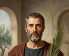Pintura clássica em estilo retrato de Santo Cássio. Um homem de meia-idade com barba grisalha e expressão serena, vestindo túnica escura e manto marrom. Ele segura um livro antigo e um estilete em uma das mãos, e uma folha de palmeira na outra, simbolizando o martírio. Ao fundo, uma arquitetura de pedra com arcos e uma janela que mostra uma oliveira