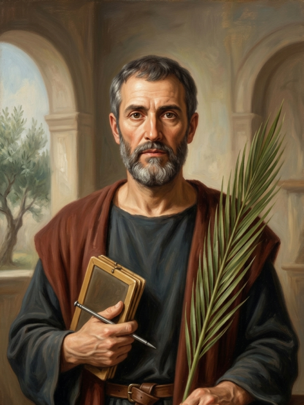Pintura clássica em estilo retrato de Santo Cássio. Um homem de meia-idade com barba grisalha e expressão serena, vestindo túnica escura e manto marrom. Ele segura um livro antigo e um estilete em uma das mãos, e uma folha de palmeira na outra, simbolizando o martírio. Ao fundo, uma arquitetura de pedra com arcos e uma janela que mostra uma oliveira