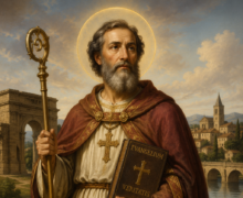 Imagem religiosa de Santo Eutrópio de Orange em estilo clássico e realista, retratado como um bispo cristão com auréola dourada, segurando um cajado episcopal e um livro do Evangelho, vestindo túnica clara e manto vermelho ornamentado. Ao fundo, paisagem histórica com rio, ponte de pedra, construções antigas e céu iluminado, transmitindo atmosfera sagrada e serena