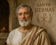 Ilustração realista de Santo Hermas, representado como um homem idoso de barba branca e cabelos grisalhos, vestindo túnica clara da época romana e segurando um pergaminho antigo com inscrições cristãs. Ao fundo há uma parede de pedra com o símbolo cristão Chi-Rho e a inscrição “Santo Hermas”, iluminados por uma luz suave em ambiente histórico e religioso