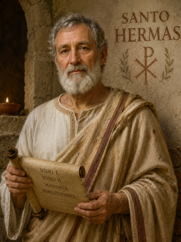Ilustração realista de Santo Hermas, representado como um homem idoso de barba branca e cabelos grisalhos, vestindo túnica clara da época romana e segurando um pergaminho antigo com inscrições cristãs. Ao fundo há uma parede de pedra com o símbolo cristão Chi-Rho e a inscrição “Santo Hermas”, iluminados por uma luz suave em ambiente histórico e religioso