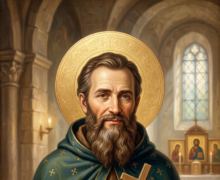 Retrato católico de Santo Hesíquio de Antioquia com manto verde decorado com cruzes, mãos em oração segurando um crucifixo e pergaminho Ora Pro Nobis, com fundo de igreja antiga do portal Nossos Santos Católicos
