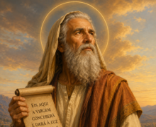 Imagem religiosa de Santo Isaías retratado como um profeta idoso de barba branca e expressão contemplativa, vestindo túnicas em tons terrosos e segurando um pergaminho com a profecia de Isaías 7,14 sobre o nascimento de Emanuel. Ao fundo, há uma paisagem bíblica iluminada por um céu dourado ao pôr do sol, enquanto um halo luminoso envolve sua cabeça, simbolizando santidade e inspiração divina.