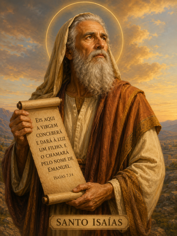 Imagem religiosa de Santo Isaías retratado como um profeta idoso de barba branca e expressão contemplativa, vestindo túnicas em tons terrosos e segurando um pergaminho com a profecia de Isaías 7,14 sobre o nascimento de Emanuel. Ao fundo, há uma paisagem bíblica iluminada por um céu dourado ao pôr do sol, enquanto um halo luminoso envolve sua cabeça, simbolizando santidade e inspiração divina.